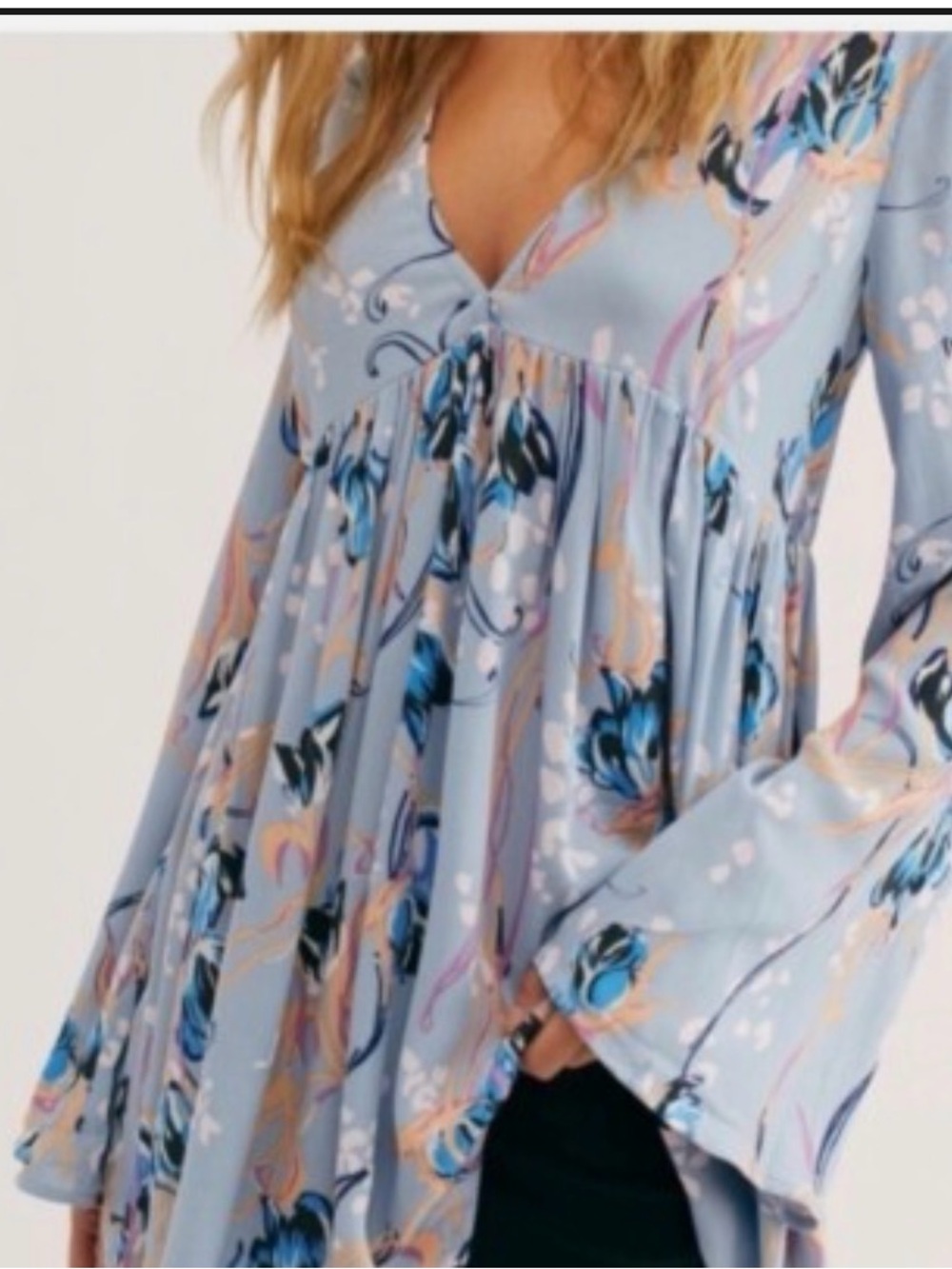 Free People Sky Blue Floral V-Neck Bell Sleeve Tunic